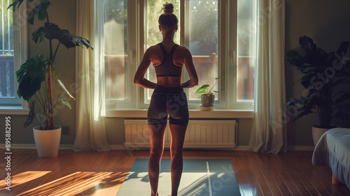 A woman doing her home fitness routine in warm sun backlight, highlighting her silhouette and creating a motivational atmosphere.






