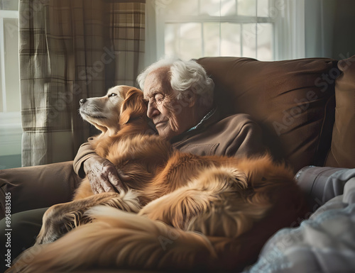 An elderly man and his golden retriever sitting closely on a comfy chair, sharing a serene moment in a cozy living room.