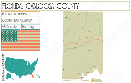 Large and detailed map of Okaloosa County in Florida USA.