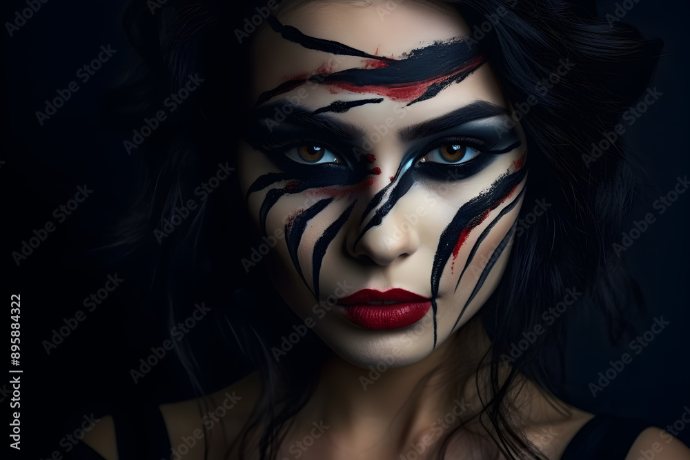 Close-up portrait of young woman with artistic makeup for halloween party. Black background, space for text. Perfect for Halloween parties and themed events Close-up portrait of young woman with artistic makeup for halloween party. Black background, space for text. Perfect for Halloween parties and themed events