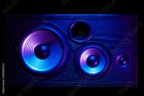 Sound speaker in neon light. Modern hi-fi loudspeaker against black background. Sound audio equipment with neon lights. Dynamic sub monitor close up. Creative backgroound photo