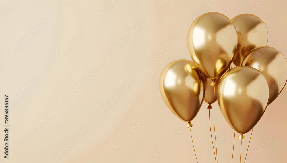 Elegant bunch of gold balloons against a soft beige background, perfect for celebrations, parties, and festive decor themed visuals. Elegant bunch of gold balloons against a soft beige background, perfect for celebrations, parties, and festive decor themed visuals.