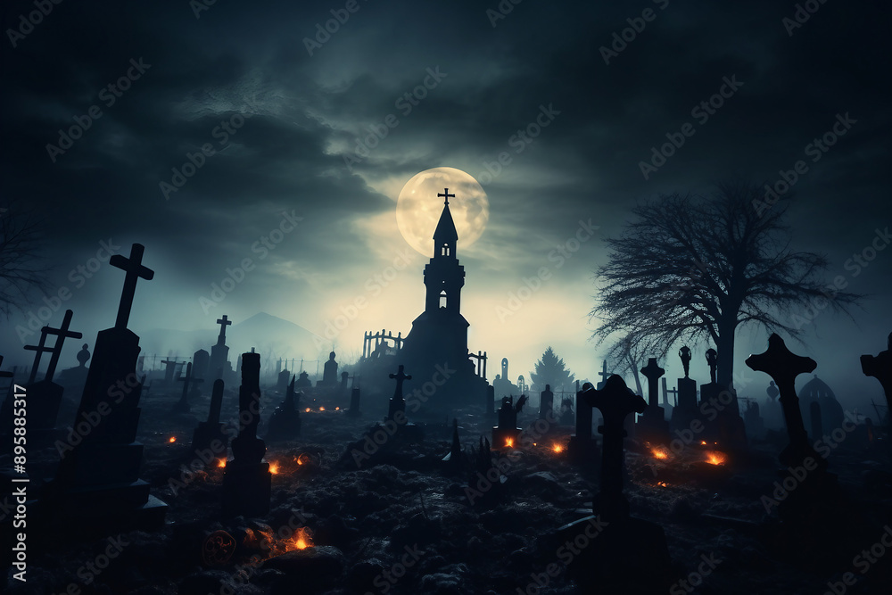 AI generated image of a mysterious dark cemetery at halloween night zombie rising from grave AI generated image of a mysterious dark cemetery at halloween night zombie rising from grave