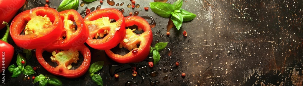 Sliced fresh tomatoes with basil and pepper on a dark rustic background. Perfect for culinary, cooking, and food photography concepts. Sliced fresh tomatoes with basil and pepper on a dark rustic background. Perfect for culinary, cooking, and food photography concepts.
