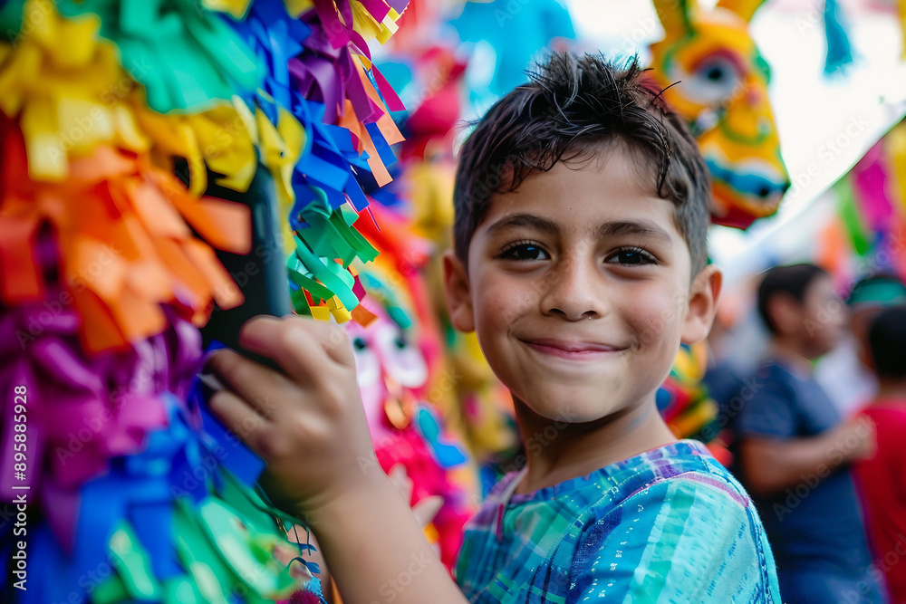 Spanish mexican traditional holiday with hitting colorful handmade pinata hanging toy, Generative AI Spanish mexican traditional holiday with hitting colorful handmade pinata hanging toy, Generative AI