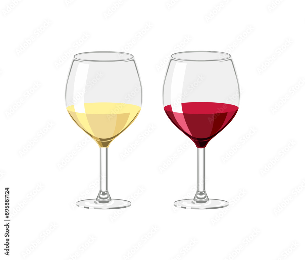 Red and white wine in drinking glasses isolated on white background. Vector cartoon flat illustration. Red and white wine in drinking glasses isolated on white background. Vector cartoon flat illustration.