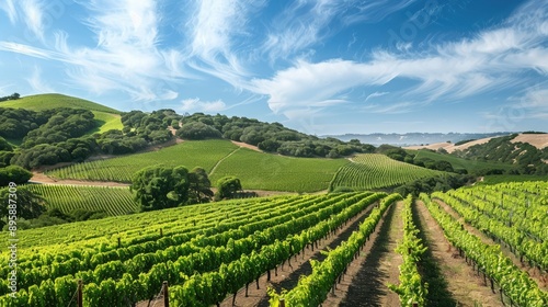 A hillside vineyard with rolling hills and ample sky space for text