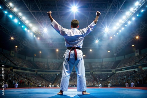 A karate athlete proudly raises his hands in the stadium in the light of spotlights and spotlights after becoming an Olympic champion.