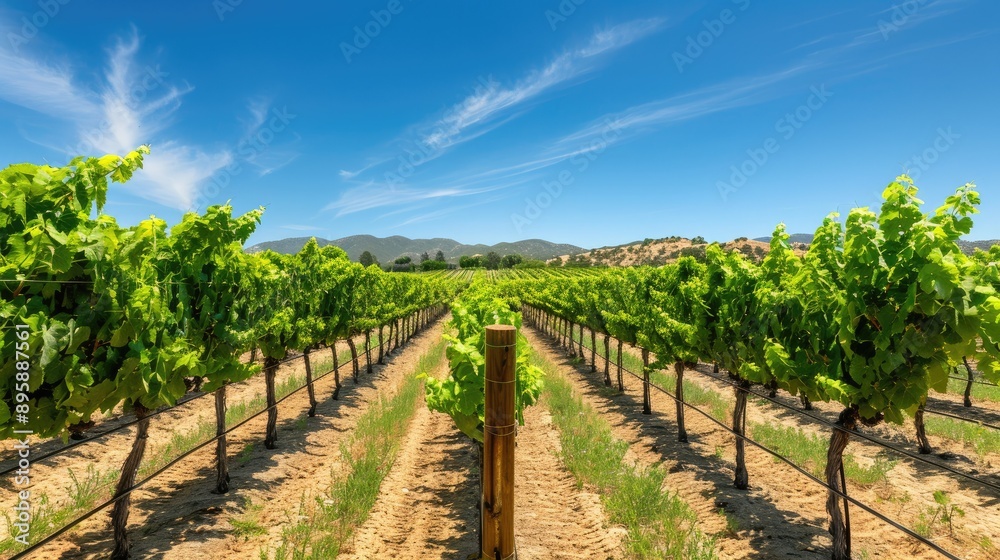 A lush vineyard with rows of grapevines under a clear blue sky, with ample space above for text A lush vineyard with rows of grapevines under a clear blue sky, with ample space above for text