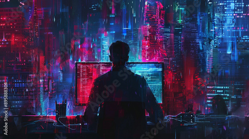 man behind the desktop computer with hightech skyline, in the style of neon impressionism