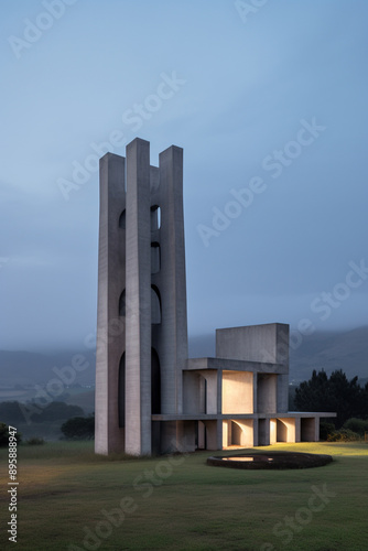 photo of a small future brutalist curch with cross tower with glown up windows surrounded by landscape and small mountains photo