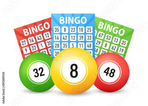 Lottery colored number balls and tickets. Background for gambling sport games. Bingo lottery balls and tickets. Jackpot win, gambling lottery and fortune chance, casino lotto. Vector illustration