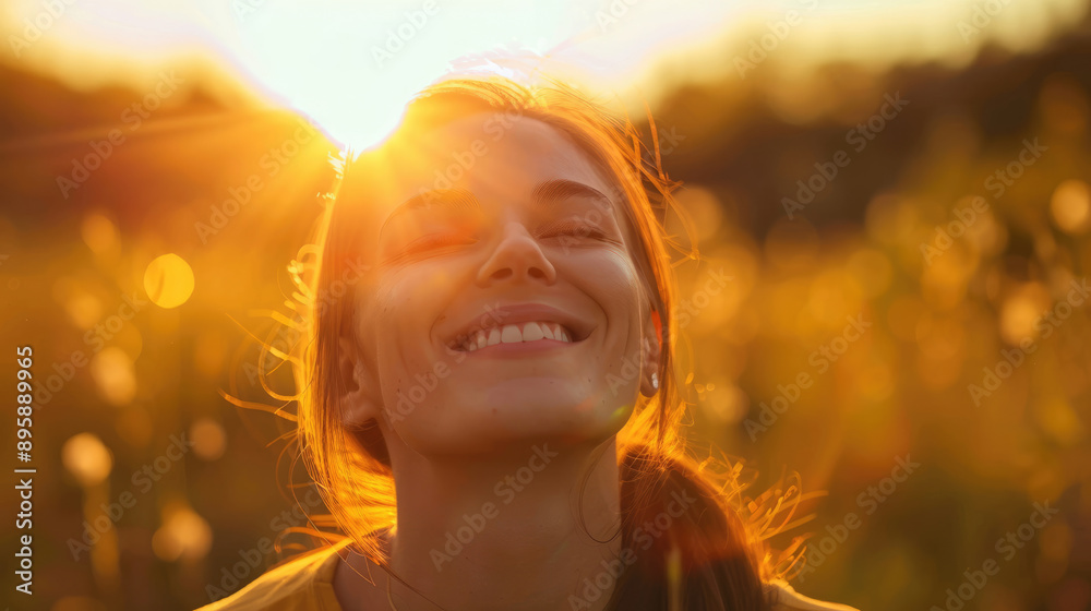 Fototapeta premium Portrait of a happy girl against the backdrop of sunset in nature. Ffield against the backdrop of the setting sun