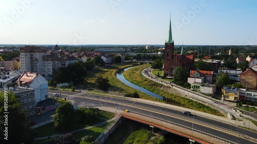 Legnica, Poland Medieval architecture of ancient Polish city from above, houses of Europe along street temple infrastructure photo