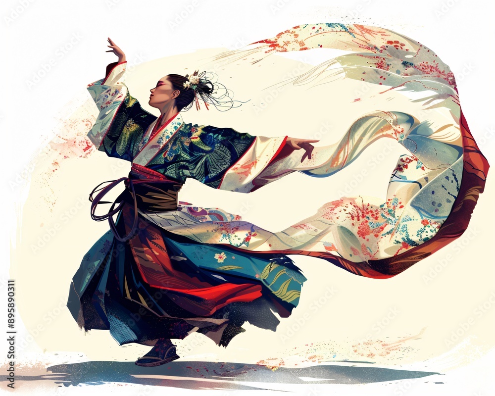 Fototapeta premium Dynamic Bon Odori Dancer in Traditional Attire