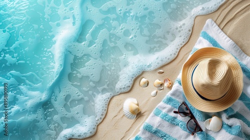 A top-down view of a sandy beach with seashells, a hat, and sunglasses, surrounded by gentle waves and sea foam. Perfect for summer and vacation themes, banners, text overlays, or travel inspiration.