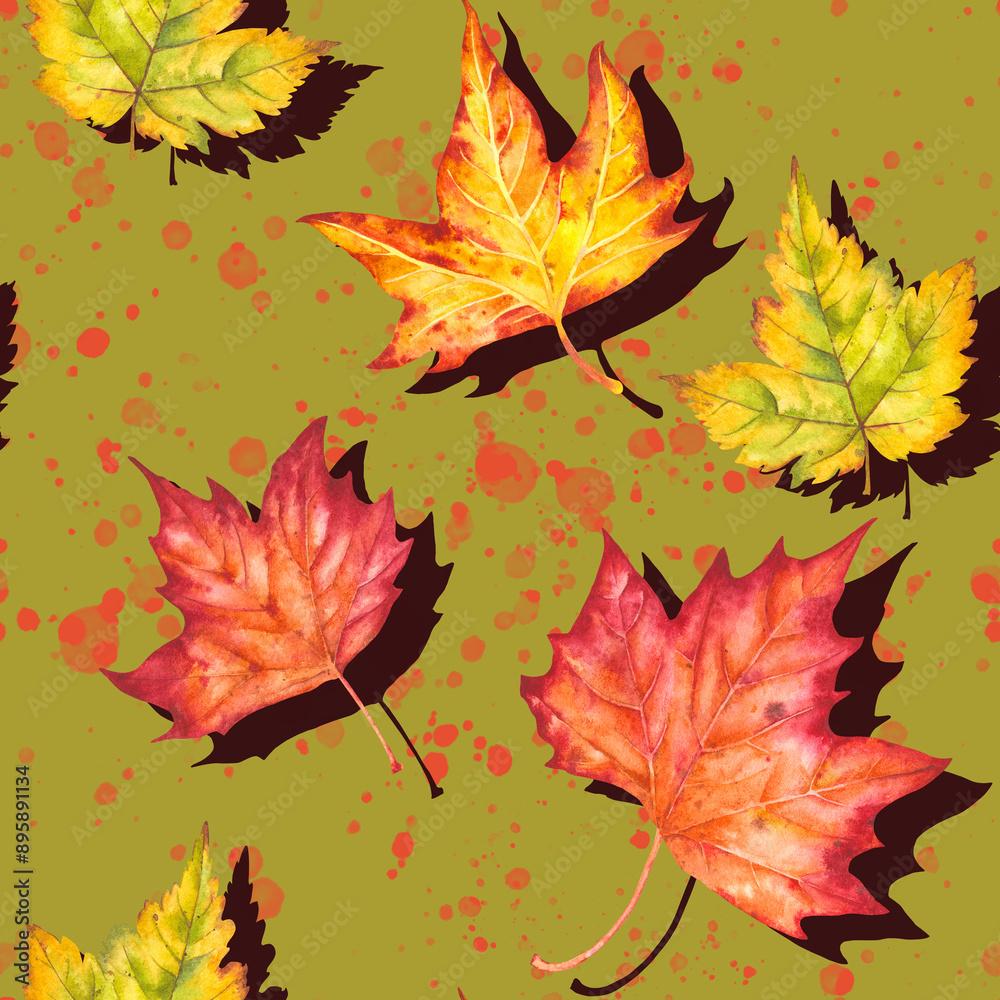 Fototapeta premium Seamless pattern with autumn leaves motifs painted in watercolor. Watercolor autumn leaves in a seamless illustration. Idea for festive decoration and creating prints.