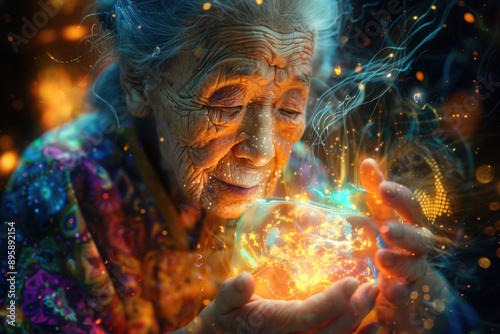 An old woman is holding a glowing ball of light in her hands