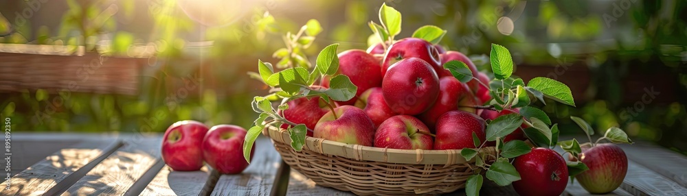 Basket of freshly picked red apples on a wooden table in a sunny outdoor garden setting, perfect for autumn harvest and seasonal themes. Basket of freshly picked red apples on a wooden table in a sunny outdoor garden setting, perfect for autumn harvest and seasonal themes.