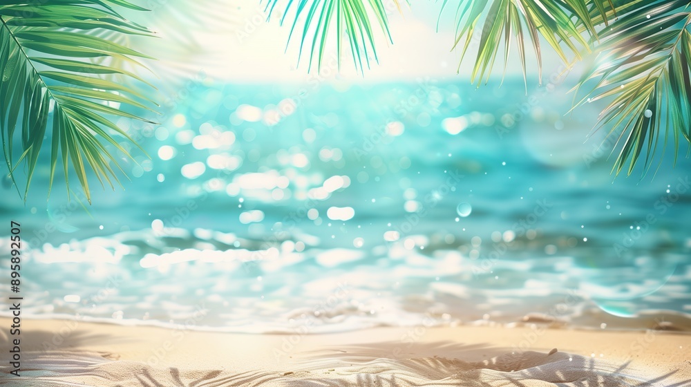 Obraz premium A close-up of a tranquil tropical beach with shiny sand and palm trees. Ideal for vacation themes and banners with space for text. Desktop wallpaper.