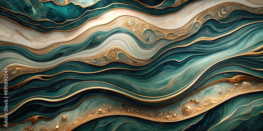 Elegant and tranquil abstract marbleized art with dark teal and beige waves, elegance, tranquility, abstract, masterpiece
