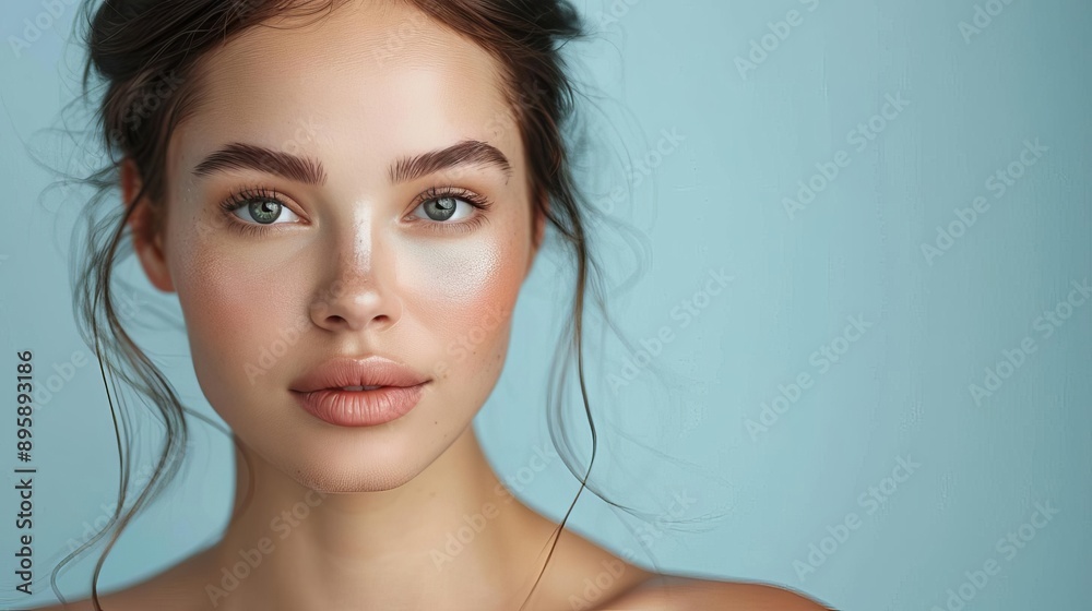 Naklejka premium Minimalist portrait of a woman with natural makeup, eco-friendly beauty, radiant skin