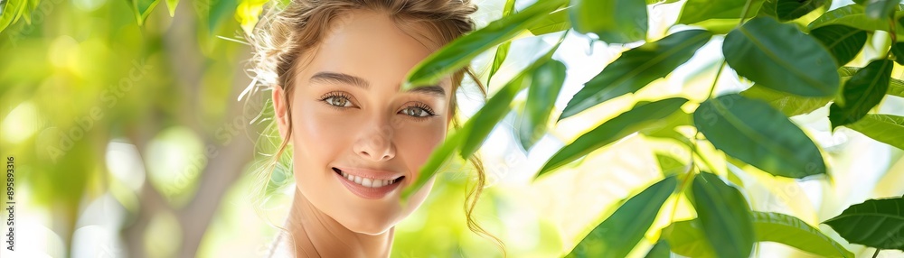 Sunlit portrait of a woman with natural glow, eco-friendly beauty, outdoor skincare Sunlit portrait of a woman with natural glow, eco-friendly beauty, outdoor skincare