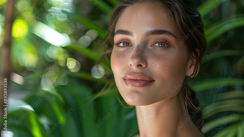 Woman in a botanical garden, pure organic skincare, natural beauty portrait Woman in a botanical garden, pure organic skincare, natural beauty portrait