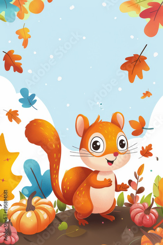 Happy Squirrel with Pumpkins and Leaves