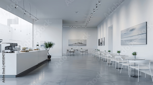 contemporary art museum exhibition space with café area,