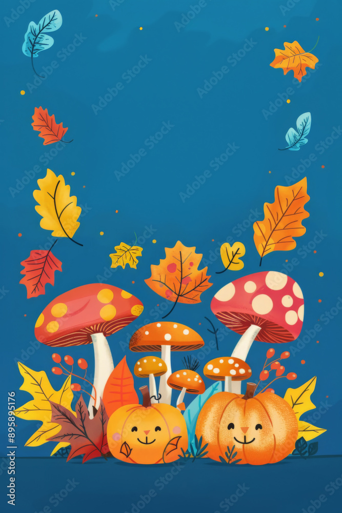 Autumn Scene with Pumpkins and Mushrooms Autumn Scene with Pumpkins and Mushrooms