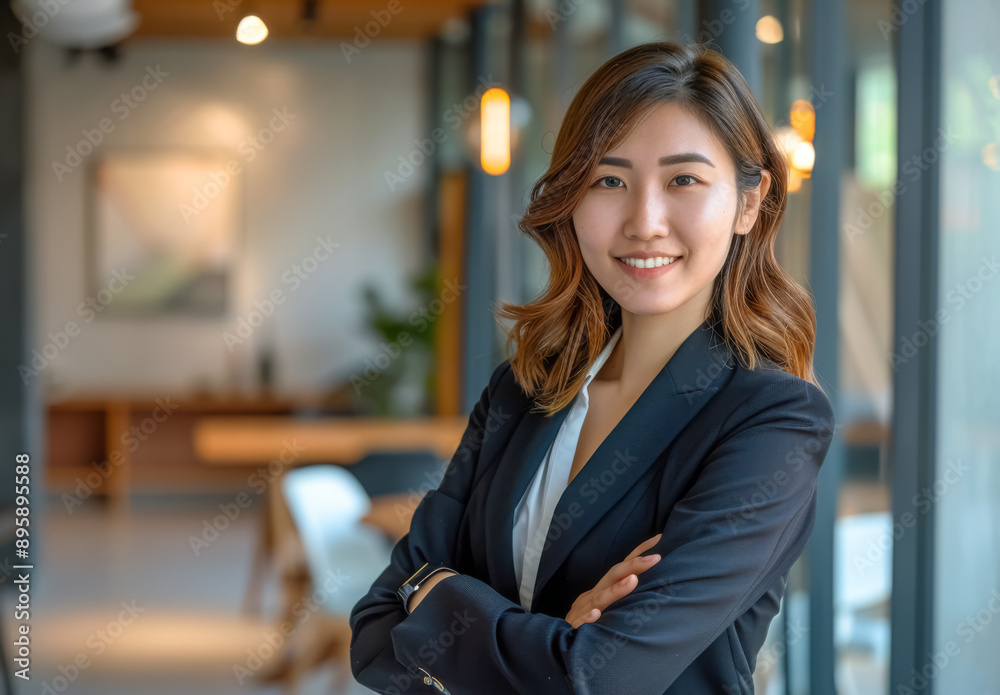 Confident Asian Businesswoman in Modern Office. An Asian woman with shoulder-length brown hair, smiling confidently with arms crossed in a well-lit modern office setting.
Confident Asian Businesswoman in Modern Office. An Asian woman with shoulder-length brown hair, smiling confidently with arms crossed in a well-lit modern office setting.