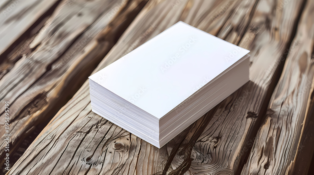 Fototapeta premium Stack of blank white paper sheets on rustic wooden planks, ready for creative projects or office work.