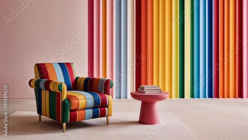 Modern and minimalist interior design. Colorful chairs with striped patterns in various bright colors. With unique colorful vertical striped walls.