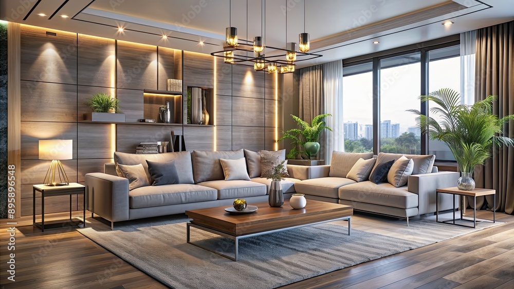 Fototapeta premium Modern and chic living room in Europe featuring sleek furniture, elegant decor, and stylish lighting, modern, chic, living room