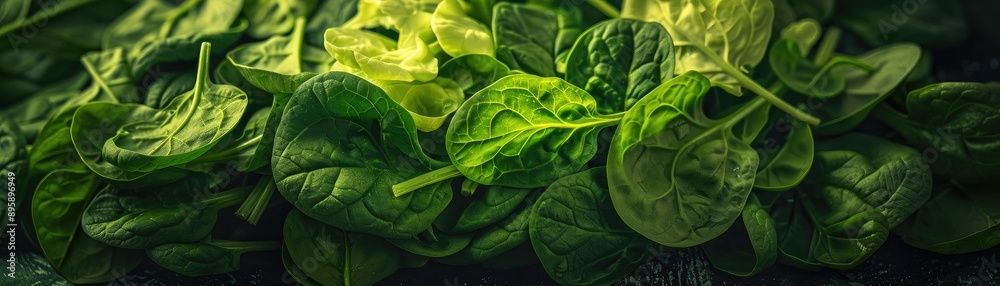 Fototapeta premium Fresh spinach leaves piled up, showcasing their vibrant green color and textures. Perfect for salads, smoothies, or healthy recipes.