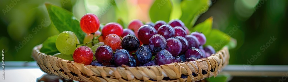 custom made wallpaper toronto digitalA close-up of a variety of colorful grapes in a woven basket with a green leafy background, showcasing the freshness and vibrancy of the fruit.