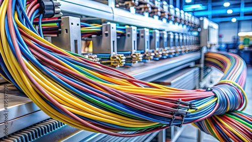 Close-up of electrical wires and cables interwoven on industrial machinery, electrical, wires, cables, industrial