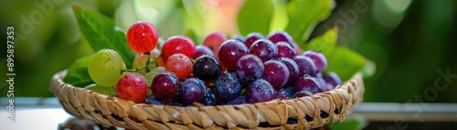 Wallpaper Mural A close-up of a variety of colorful grapes in a woven basket with a green leafy background, showcasing the freshness and vibrancy of the fruit. Torontodigital.ca