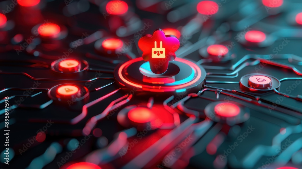 A network diagram with interconnected devices and a red alert icon ...