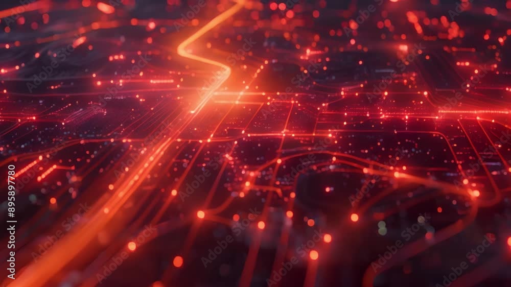 Glowing orange road lines a dark topographic map. Abstract digital landscape black background.