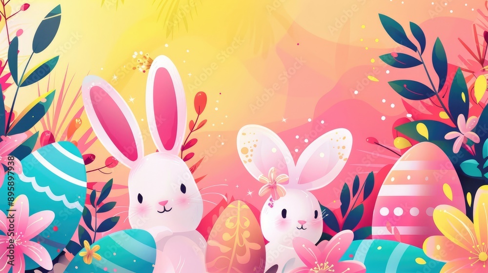 Easter themed banner with happy bunnies, decorated eggs, and spring flowers, isolated on a bright background, ideal for holiday cards and posters Easter themed banner with happy bunnies, decorated eggs, and spring flowers, isolated on a bright background, ideal for holiday cards and posters