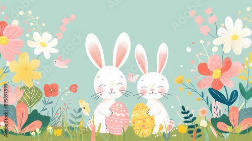 Easter themed banner with happy bunnies, decorated eggs, and spring flowers, isolated on a bright background, ideal for holiday cards and posters © Lcs