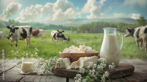 Fresh dairy products on a wooden table, background pasture and farm concept design