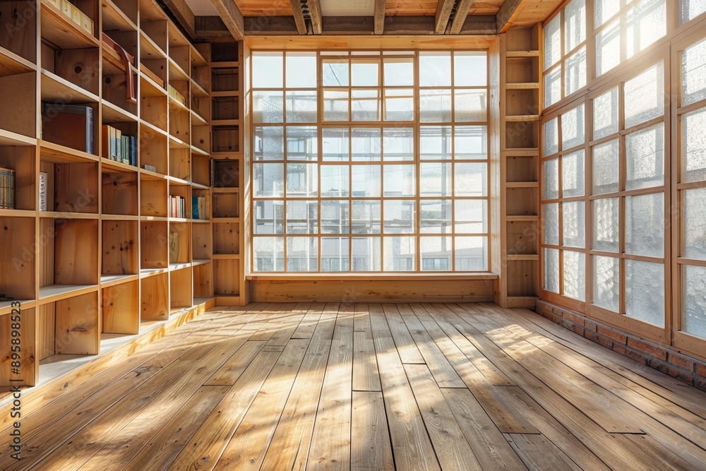Wooden bookshelves in the interior of the room.