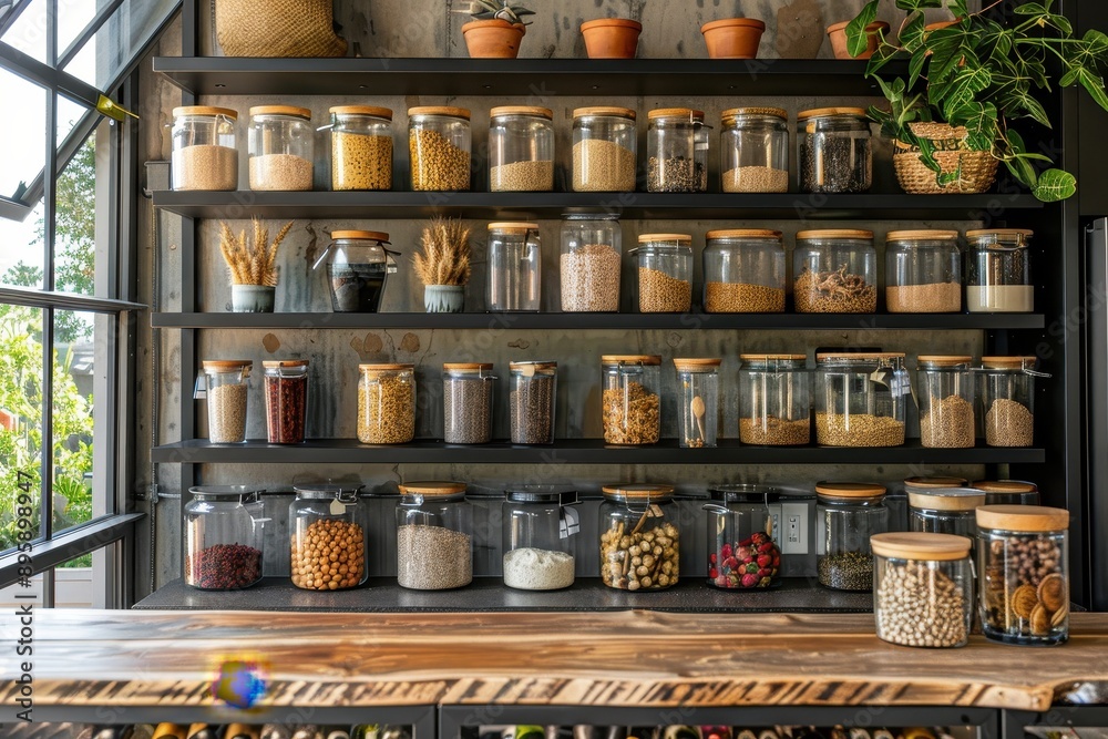 A shelf full of glass jars with various types of food inside A shelf full of glass jars with various types of food inside