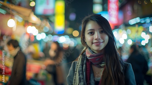 Young Woman Smiling At Night Market With Colorful Lights