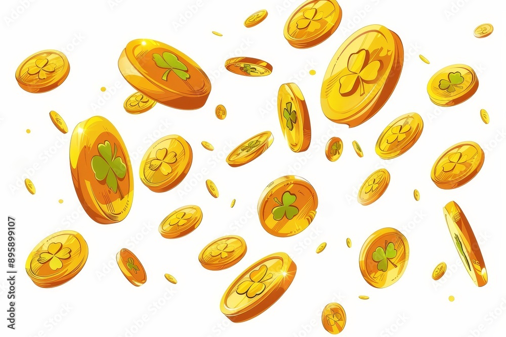 The golden coins with clover are displayed on an isolated background for St. Patrick's Day. Banner rendering in 3D. The golden coins with clover are displayed on an isolated background for St. Patrick's Day. Banner rendering in 3D.