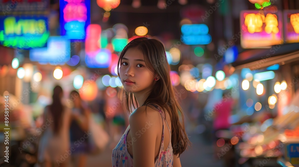 Candid Portrait of Woman in Vibrant Night Market Candid Portrait of Woman in Vibrant Night Market