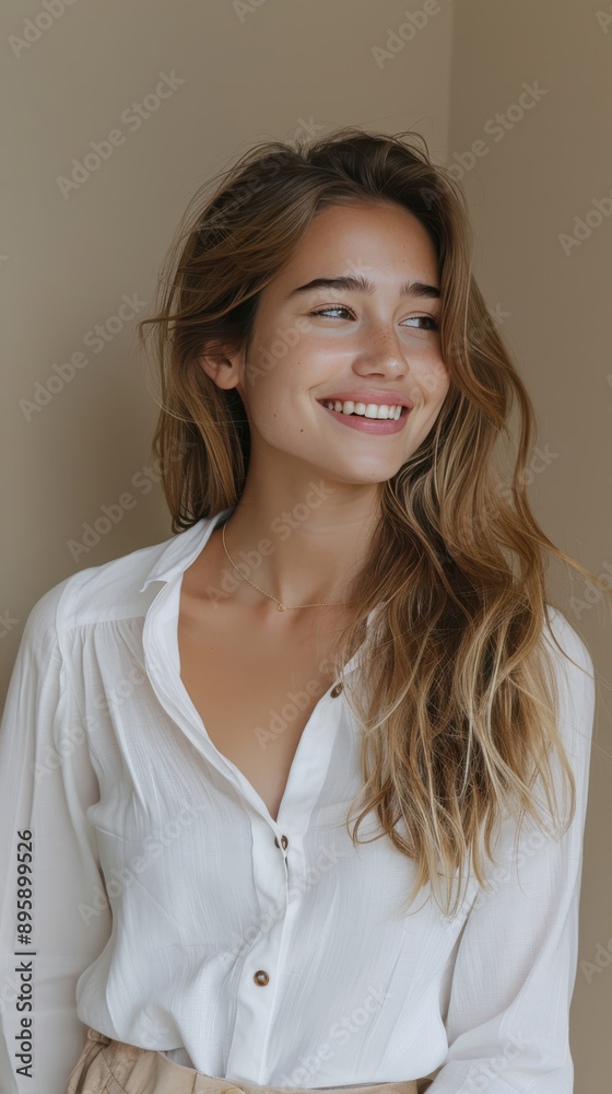 Joyful Young Woman in White Blouse Smiling